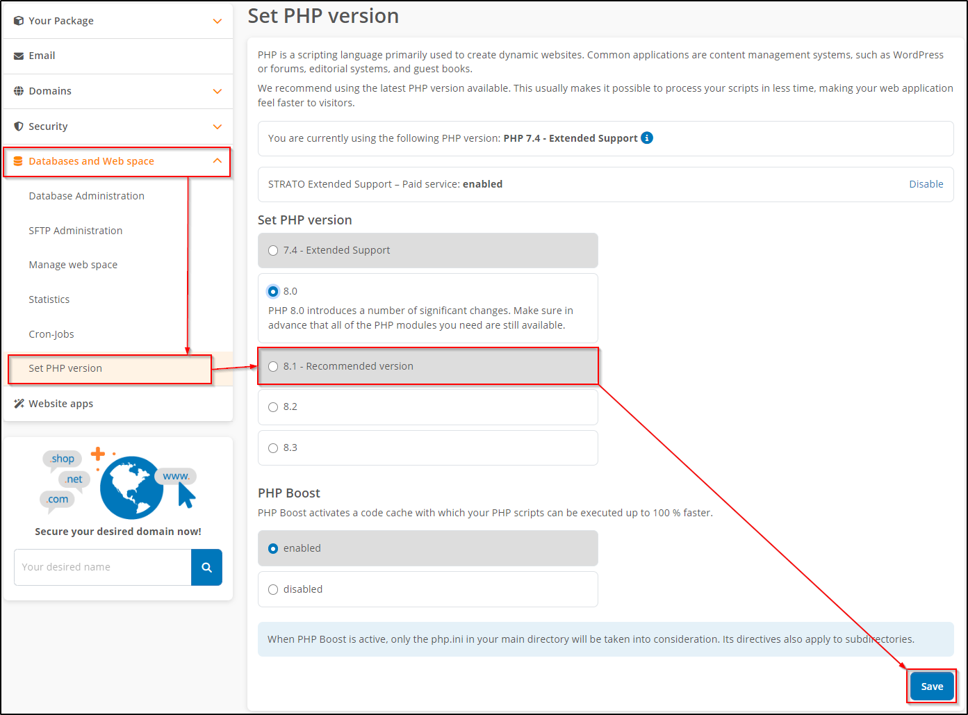 What is strato php extended support strato
