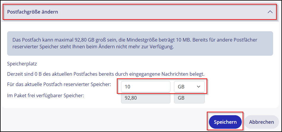 Mailspeicher 02 Postfachgroesse aendern