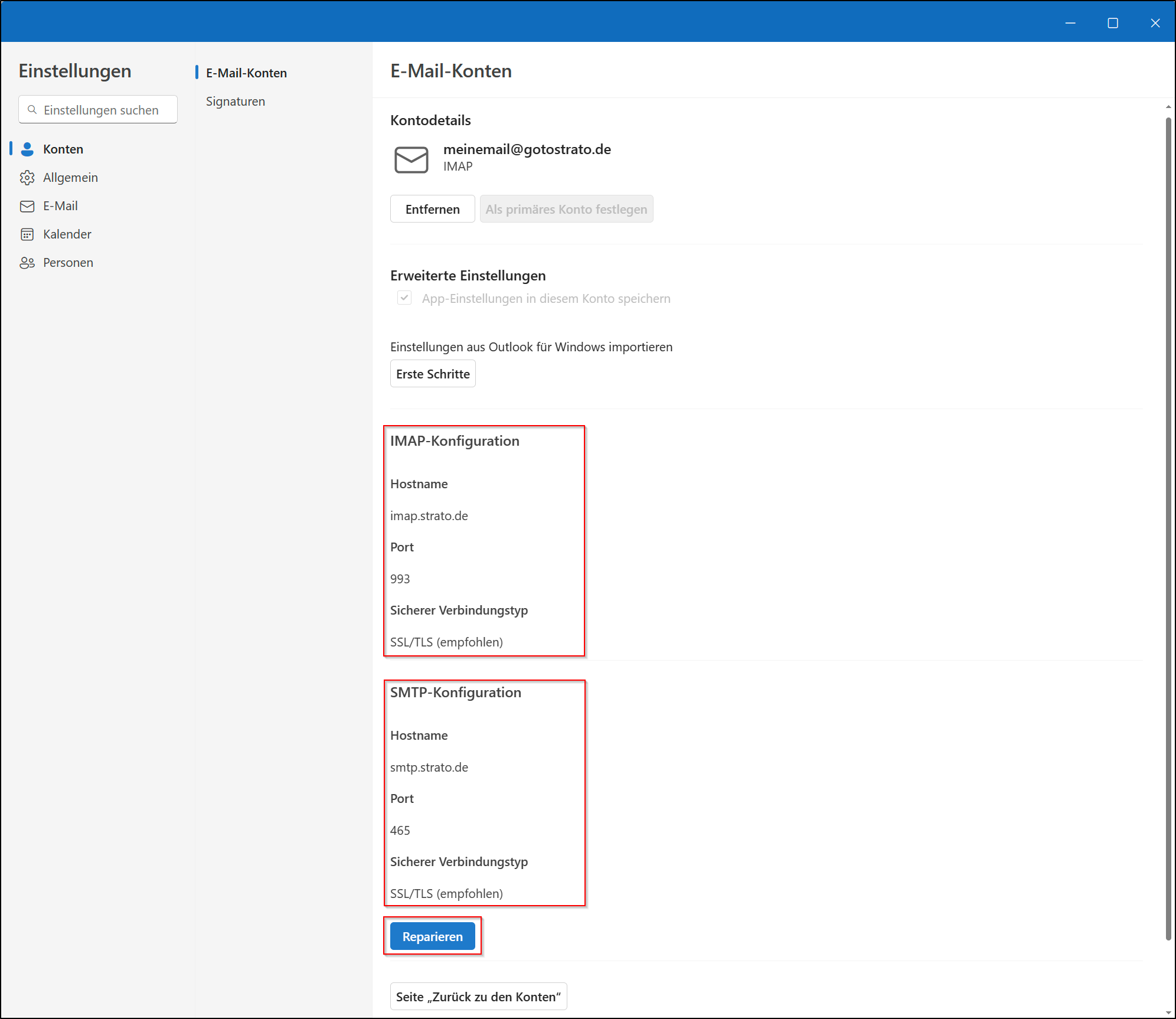 Outlook Konten-Einstellungen Outlook Konten-Einstellungen