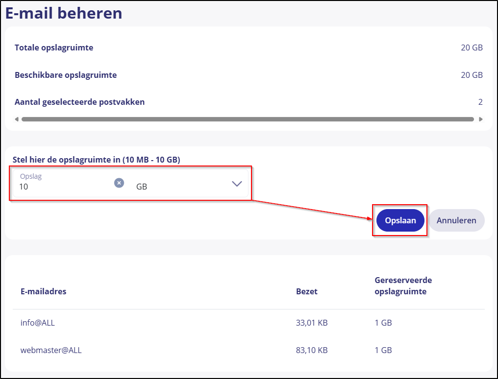 flexibele email 04 opslagruimte instellen