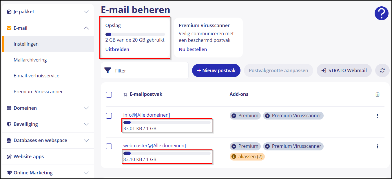 flexibele email 07 opslagruimte van alle postvakken
