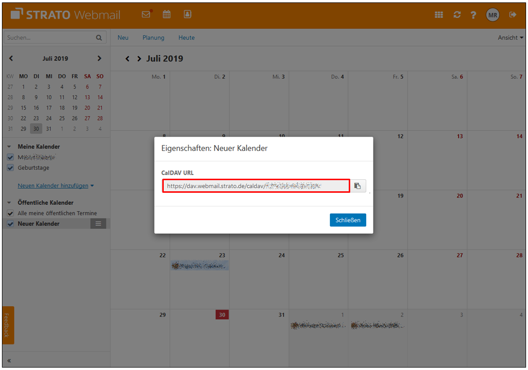 Webmail Kalender Eigenschaften CalDAV URL