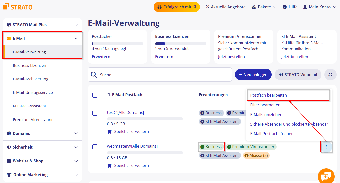 Business-Postfach auswaehlen Business-Postfach auswaehlen