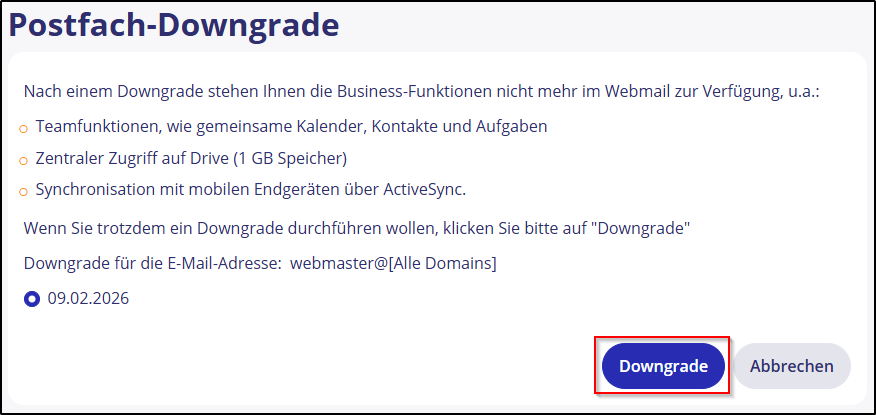 Postfach-Downgrade Postfach-Downgrade
