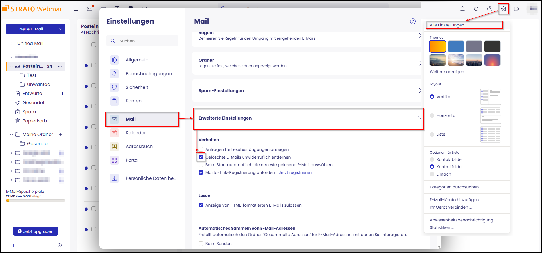 Webmail - Mails unwiderruflich entfernen Webmail - dauerhaft Mails entfernen