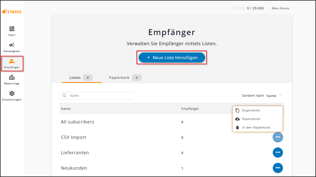 Empfängerliste hinzufügen Empfängerliste hinzufügen
