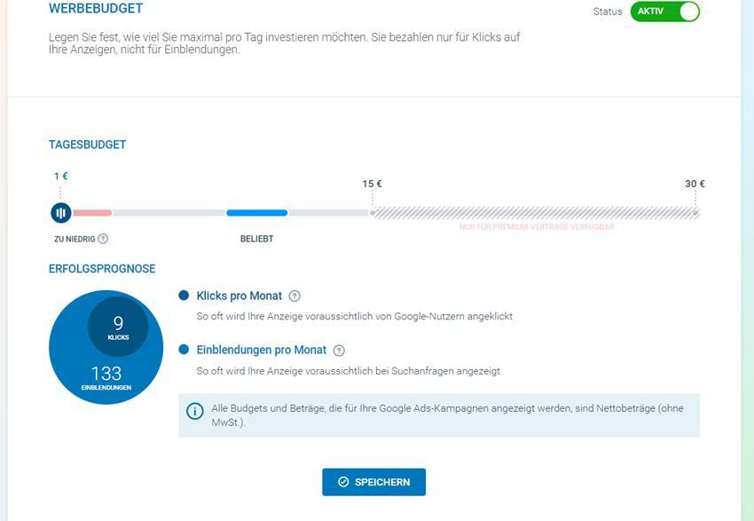adCoach Tagesbudget Das Tagesbudget des adCoachs liegt bei 15 Euro pro Tag.