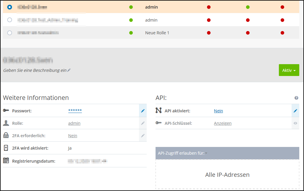 Benutzerdetails im Cloud Panel Benutzerdetails im Cloud Panel