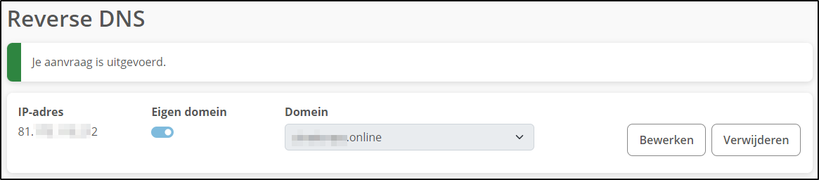 Reverse DNS aangemaakt Reverse DNS aangemaakt
