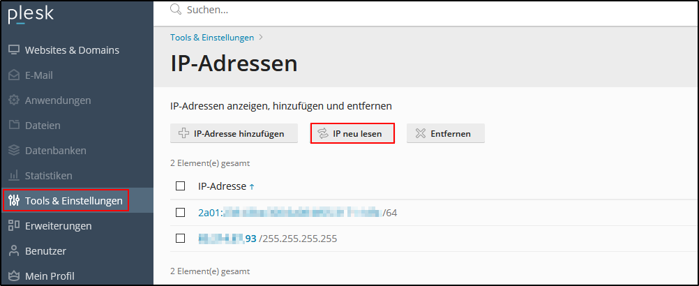 Plesk IP neu einlesen Plesk IP neu einlesen