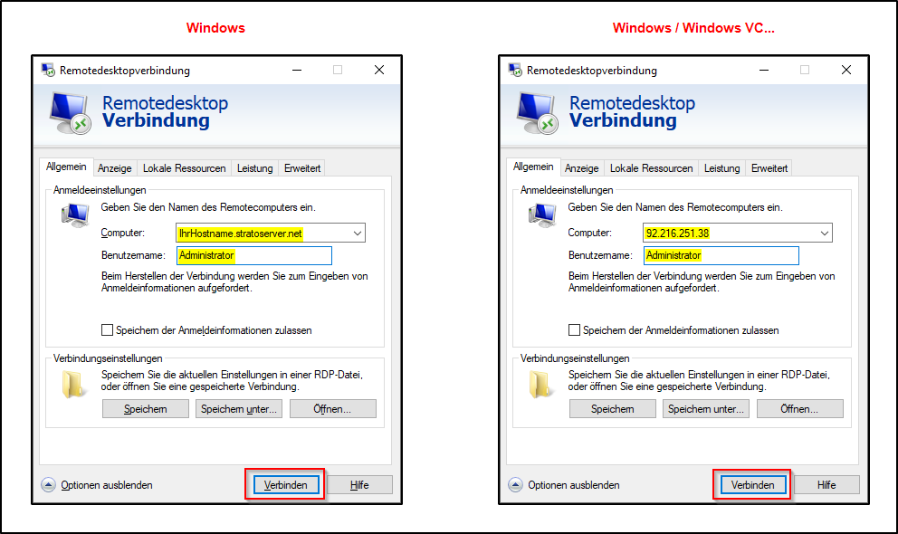 Remotedesktopverbindung (Host+IP)