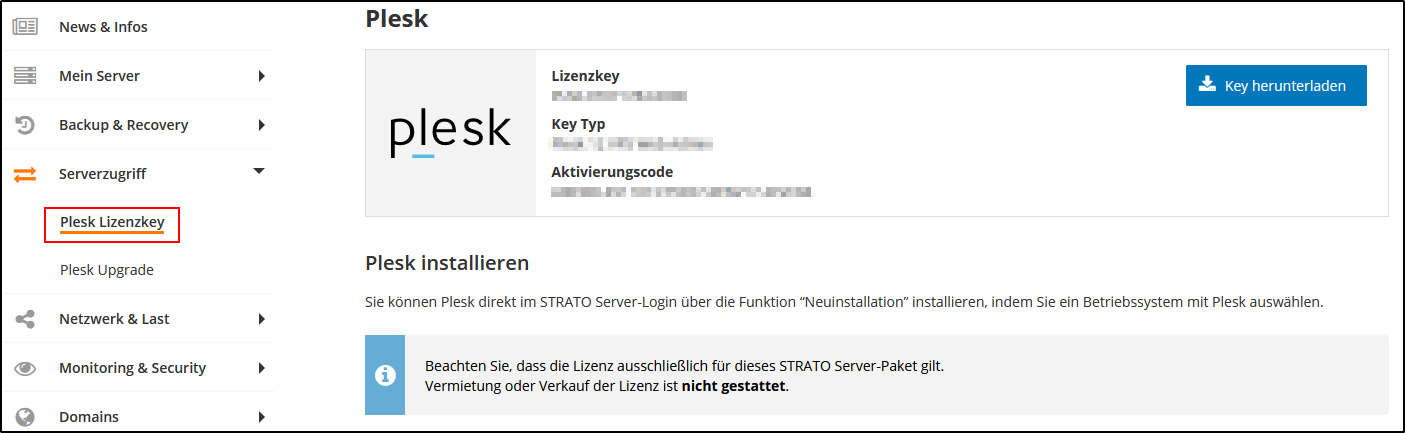 Plesk-Key im Server-Login Plesk-Key im Server-Login