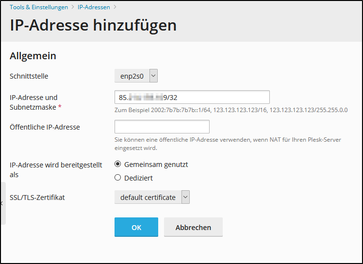 Plesk: IP-Adresse eingeben Plesk: IP-Adresse eingeben