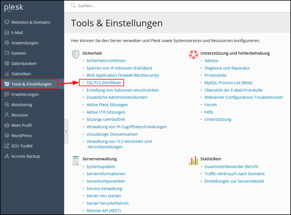 Plesk - SSL-Zertifkate aufrufen Plesk - SSL-Zertifkate aufrufen