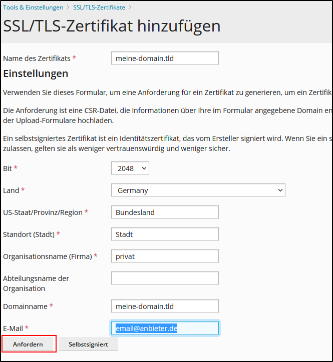 Plesk - Zertifikat anfordern Plesk - Zertifikat anfordern