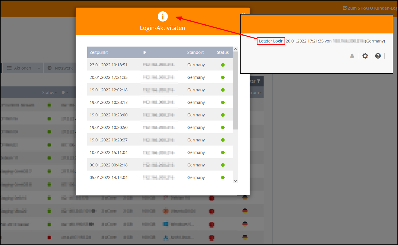 Zuletzt im Cloud Panel eingeloggt Zuletzt im Cloud Panel eingeloggt