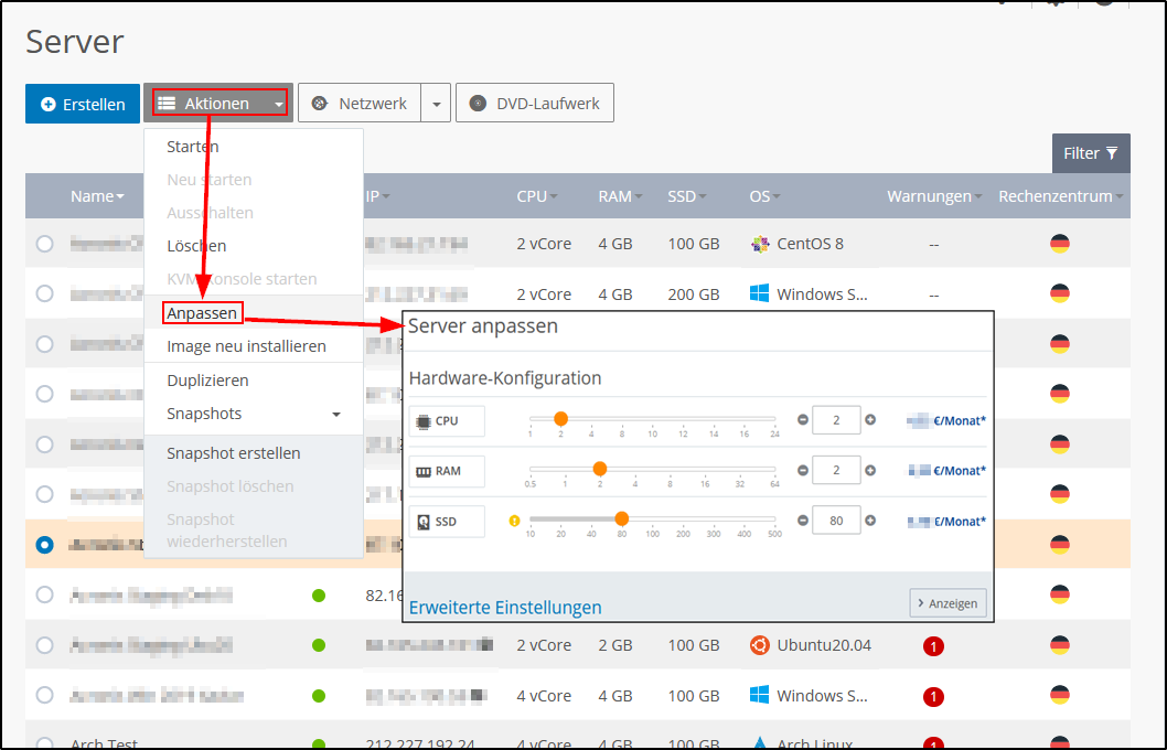 Server im Cloud Panel anpassen Server im Cloud Panel anpassen