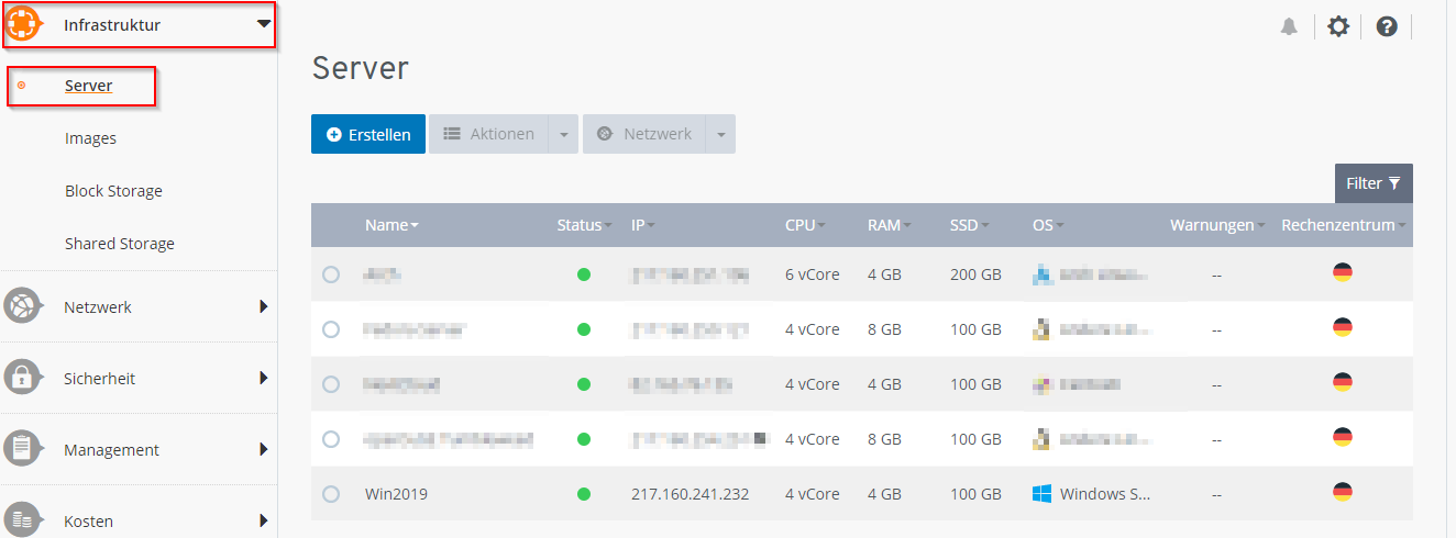 Infrastruktur>Server Infrastruktur>Server