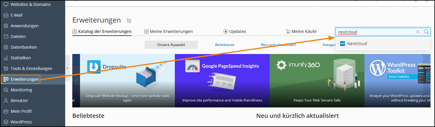 suche nach Nextcloud in Plesk suche nach Nextcloud in Plesk