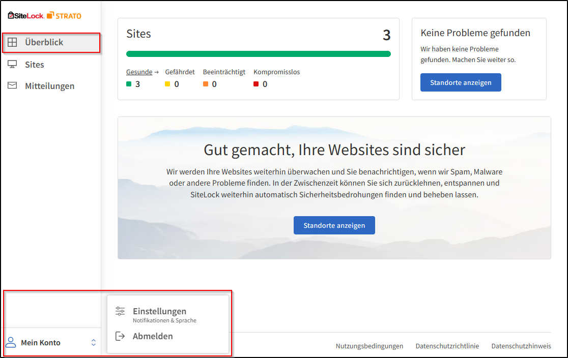 SiteLock Dashboard Uebersicht SiteLock Dashboard Uebersicht