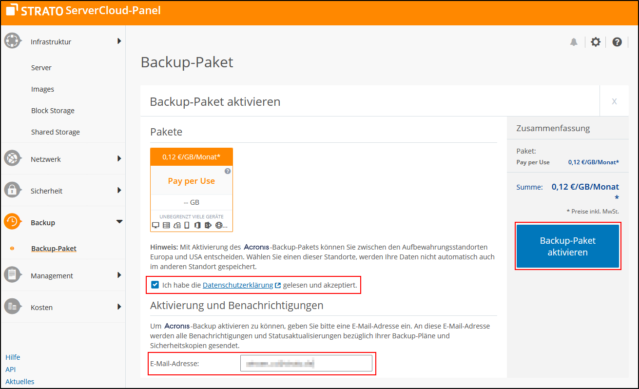 Backup Paket aktivieren Backup Paket aktivieren