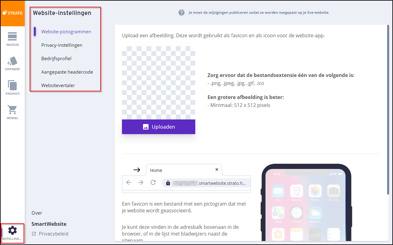 Webseiten-editor instellingen Webseiten-editor instellingen