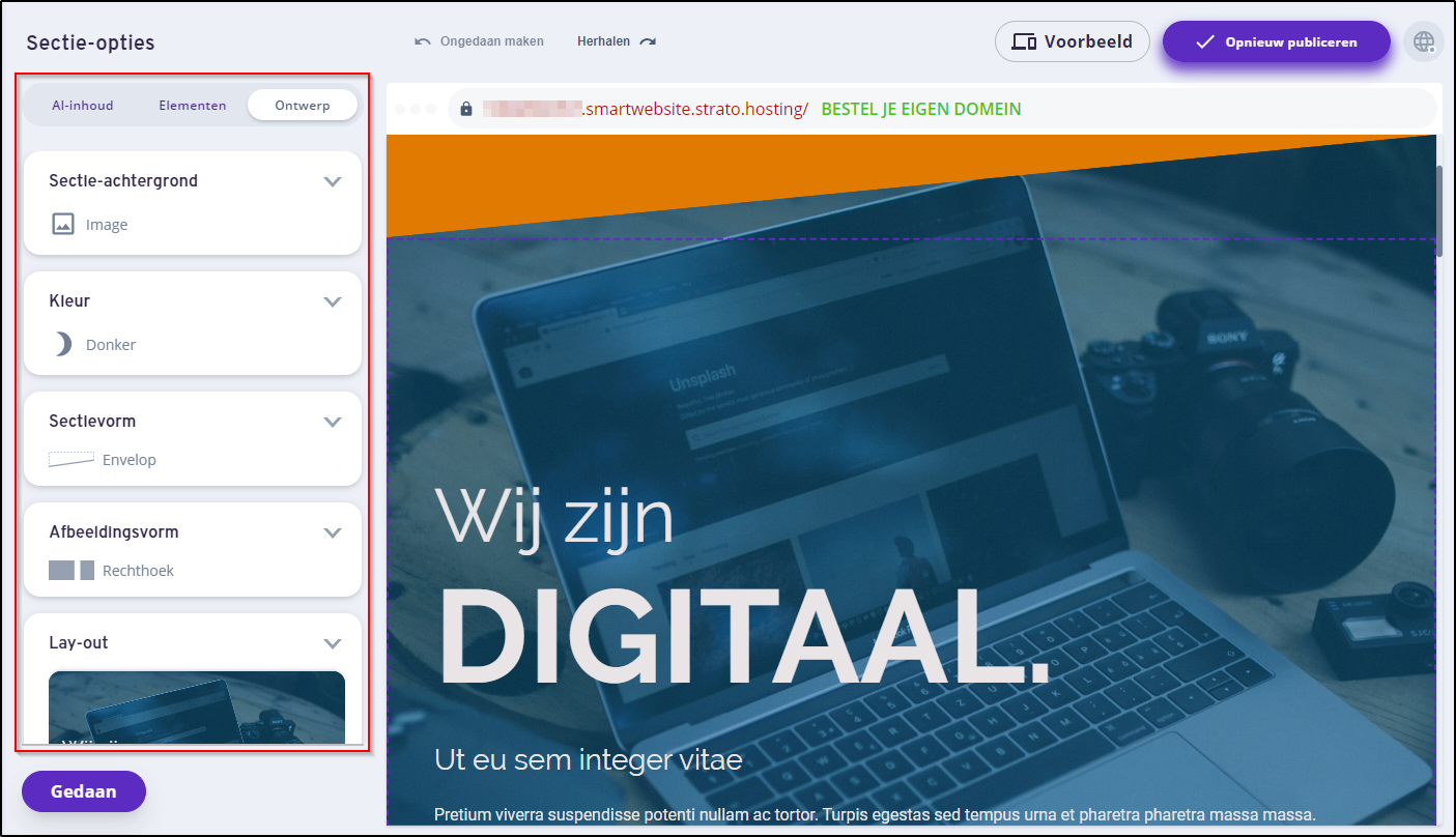 Ontwerp Sectie-opties Ontwerp Sectie-opties