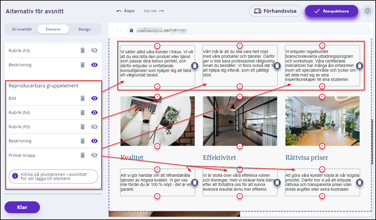 Innehall - grupp element Innehall - grupp element