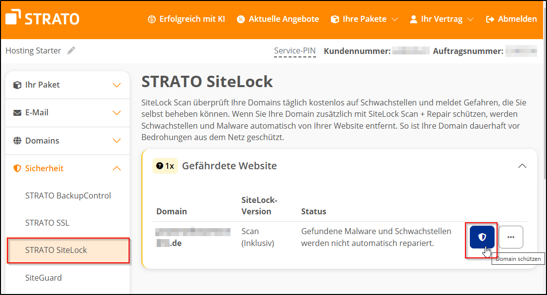 SiteLock Domain wählen