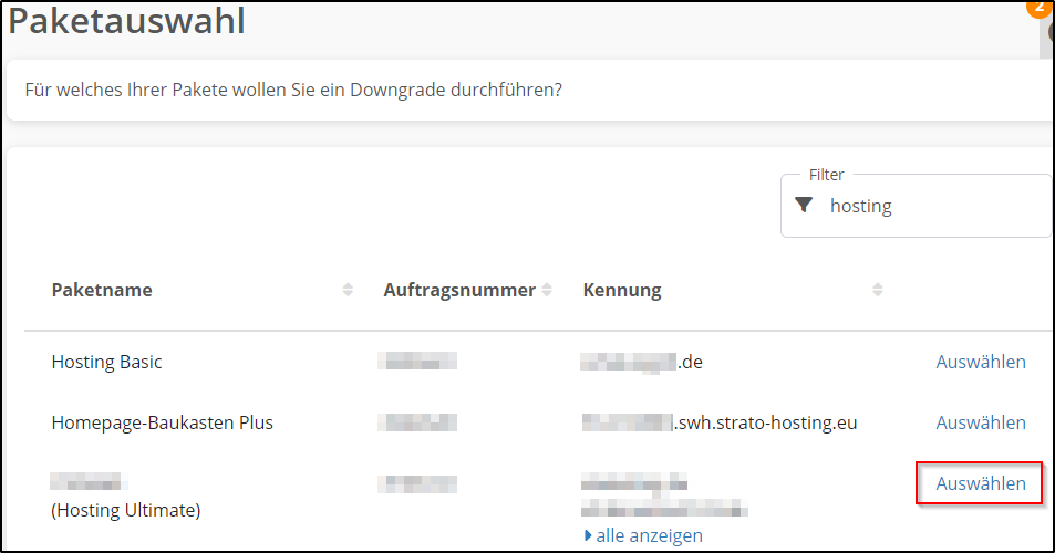 Downgrade-Paket waehlen Downgrade-Paket waehlen