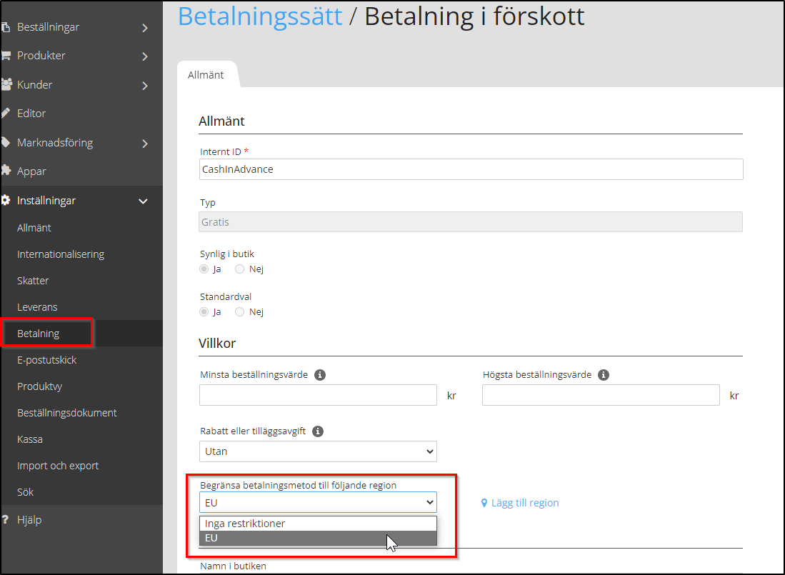 Tilldela betalnings-och leveransmetoder Tilldela betalnings-och leveransmetoder