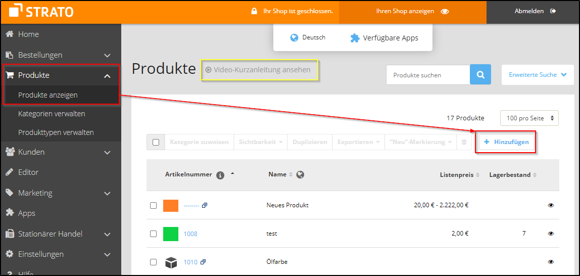Webshop: Produkt anlegen Webshop: Produkt anlegen