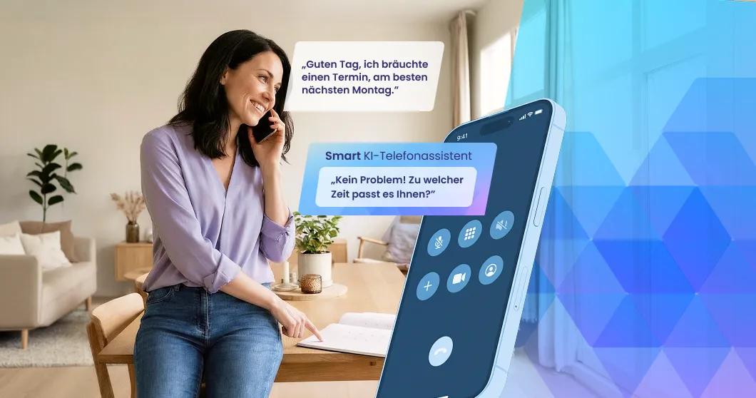 Frau telefoniert mit dem STRATO Smart KI-Telefonassistenten